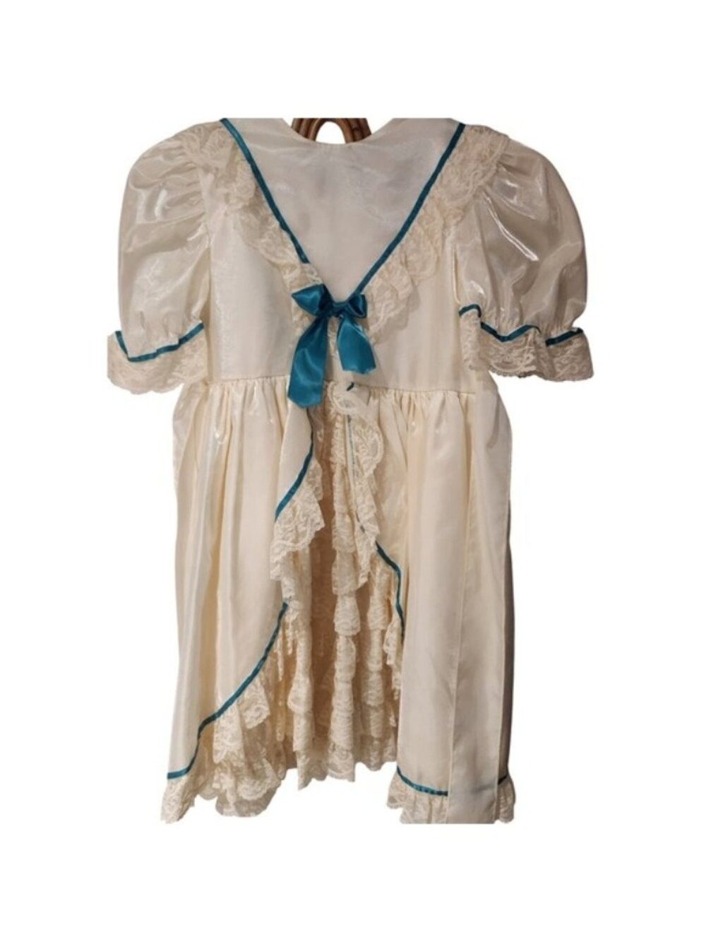 Vintage Girls Dress Cream Satin Lace Teal Trim Flower Girl Party Dress 8-10